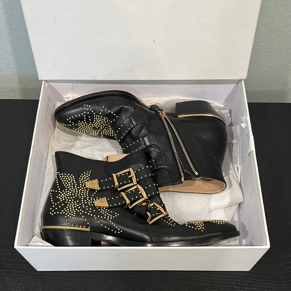 Chloe Susanna Studded Black/Gold Leather Ankle Boots - Size 38